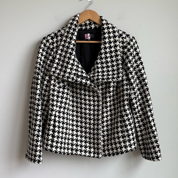 Talbots Houndstooth Wool-Blend Asymmetrical Zip Moto-Style Jacket Size 14WP - Picture 1 of 9